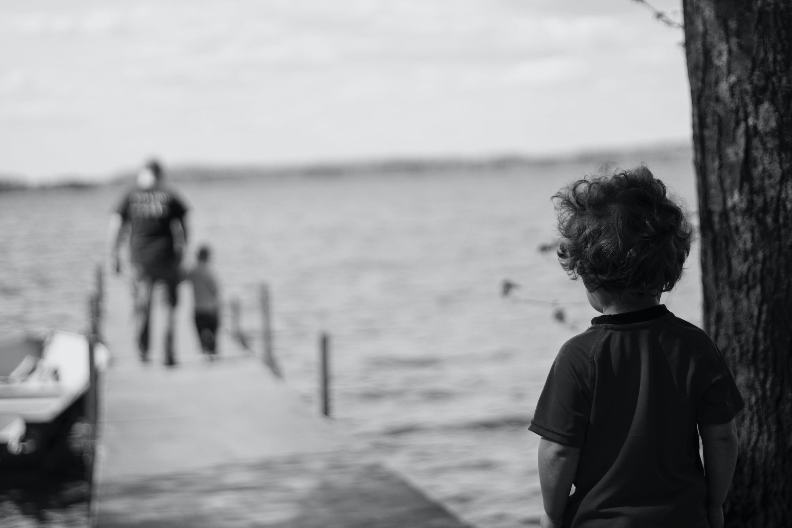 Child looking at adult and child on dock over lake